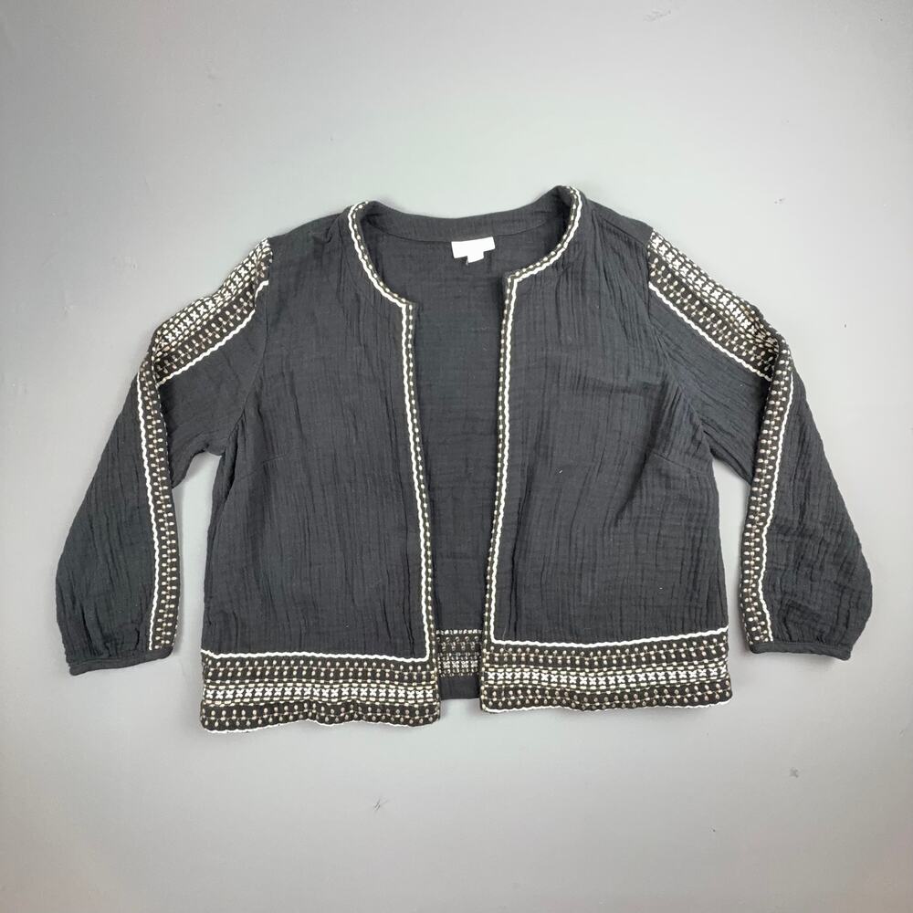 Pure Jill Black Gauze Embroidered Open Front Cardigan Medium Boho